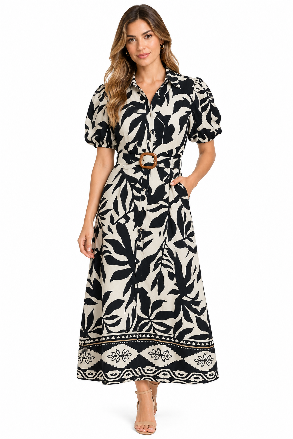 Puff Sleeves Printed Cambric Button Down Maxi Dress Navy Print