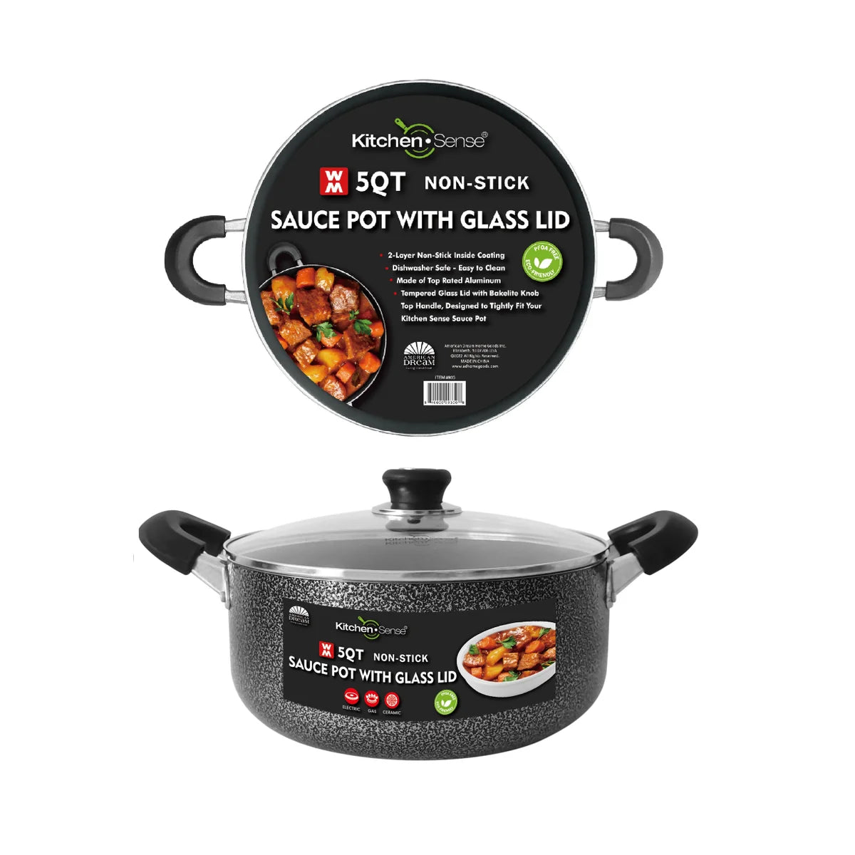 5Qt Non-Stick Sauce Pot w/ Glass Lid