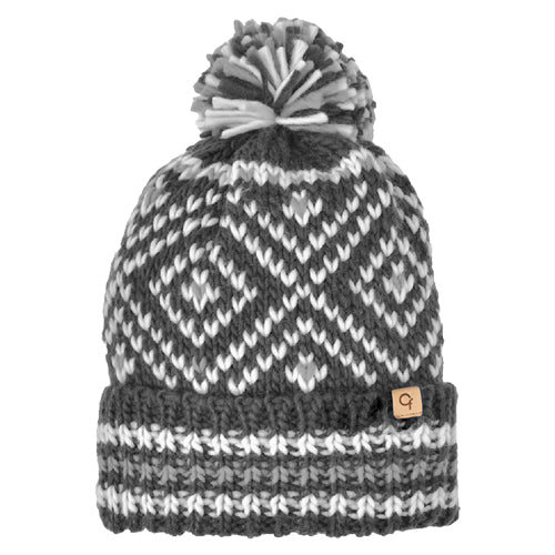 JACQUARD PATTERN CUFF HAT - POM GREY