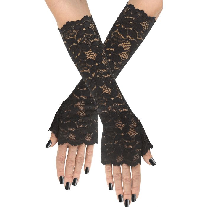 Stretch Lace Long Mitts Black - Adult