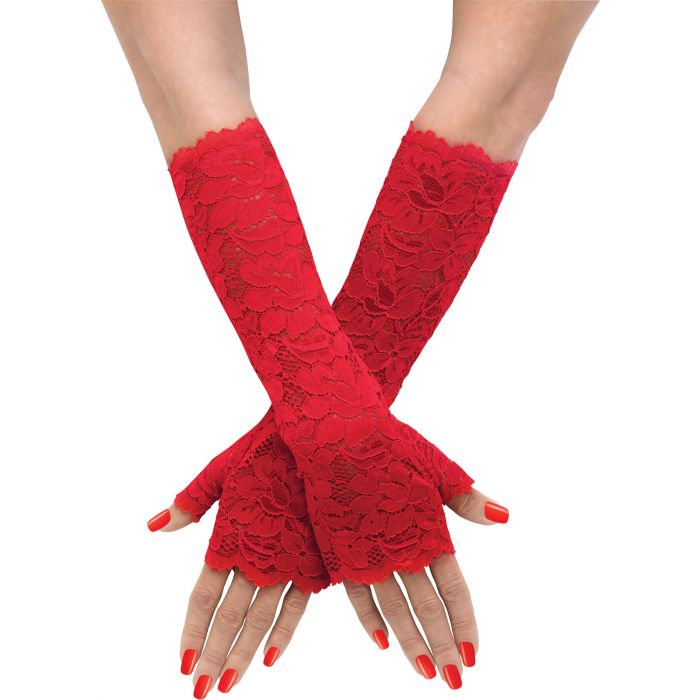 Stretch Lace Long Mitts Red - Adult