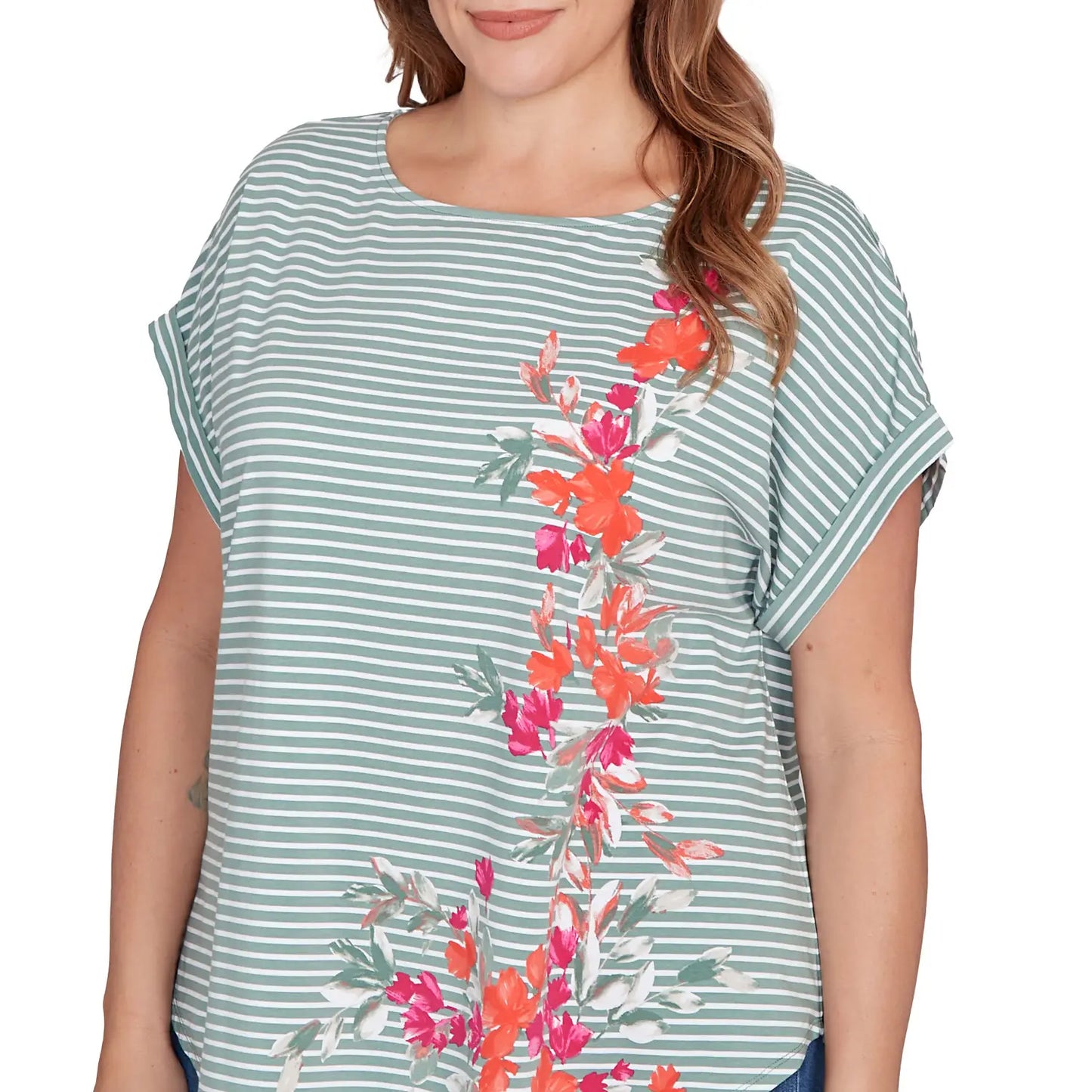 Plus Floral Stripe Jersey Tee Bayleaf Multi - Ruby Rd