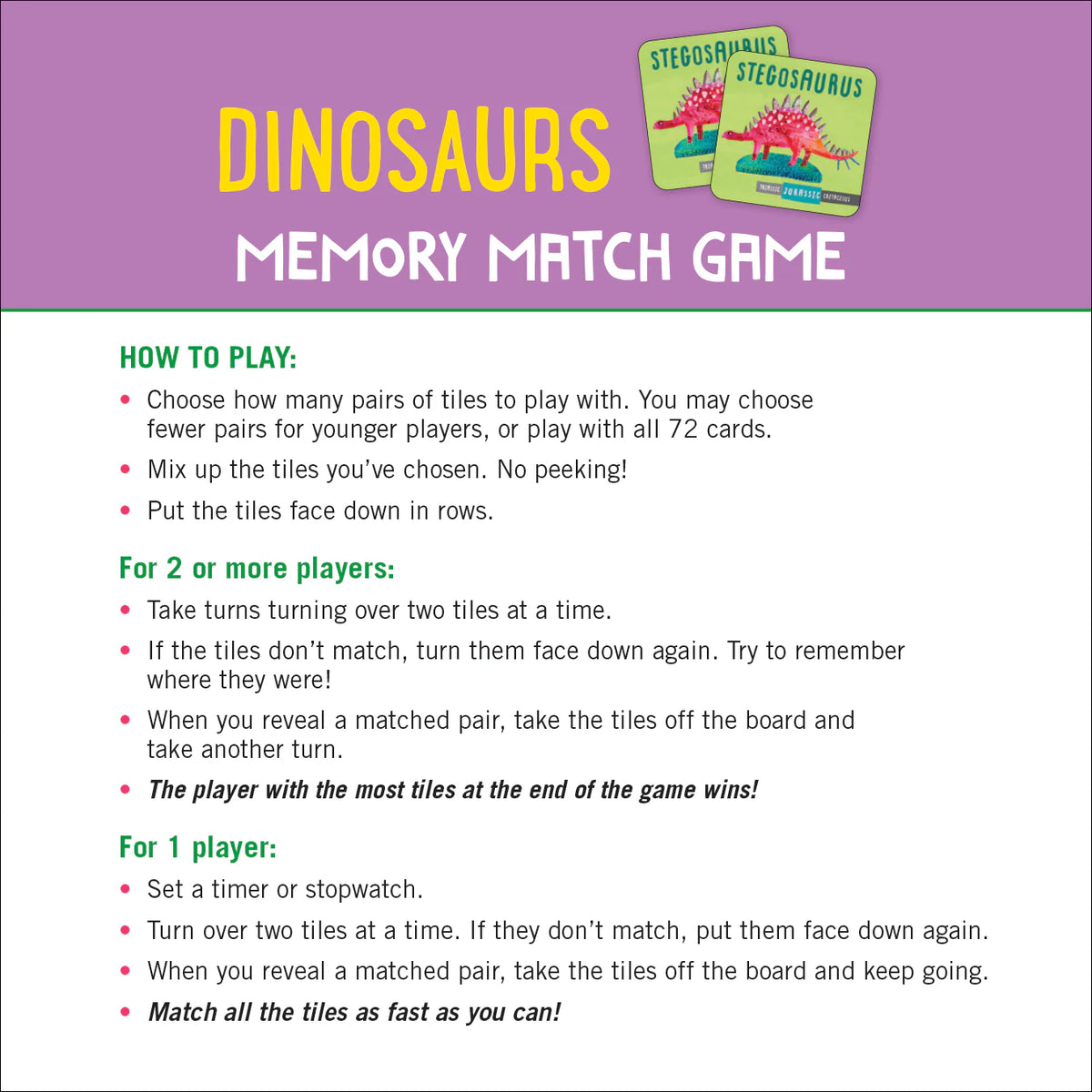 Juego de memoria de dinosaurios (72 cartas)