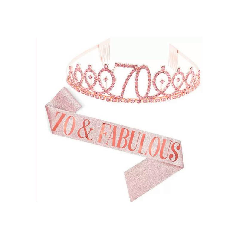 70 & Fabulous Deluxe Crown & Sash Set – Rose Gold Birthday Accessories