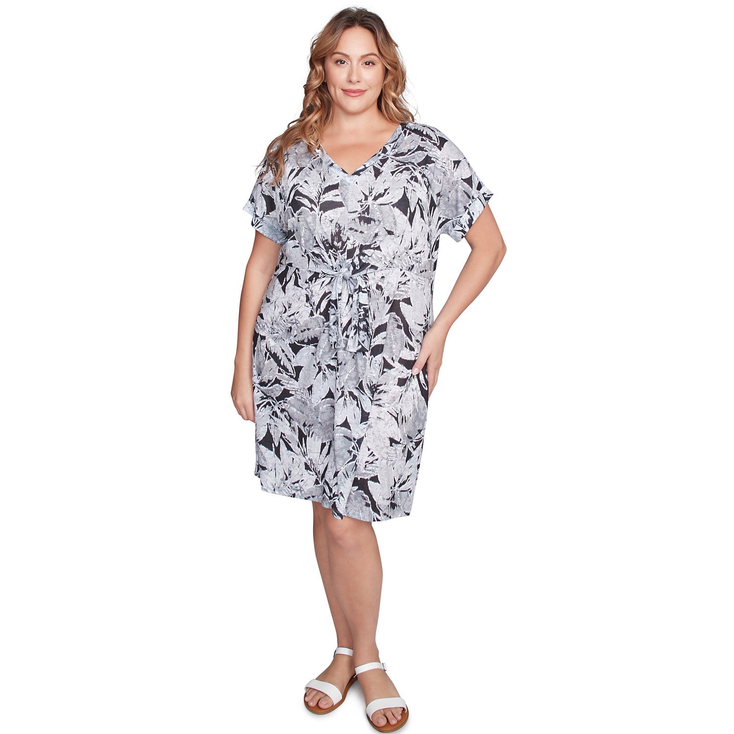 Plus Batik Leaf Tie-Front Jersey Dress Black Multi - Ruby Rd