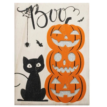 Black cat and Pumpkin BOO Wood Halloween Décor Sign