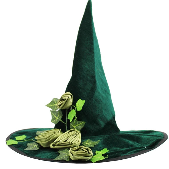 Green Floral Witch Hat with Ribbon Flowers and Leaves