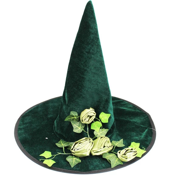 Green Floral Witch Hat with Ribbon Flowers and Leaves