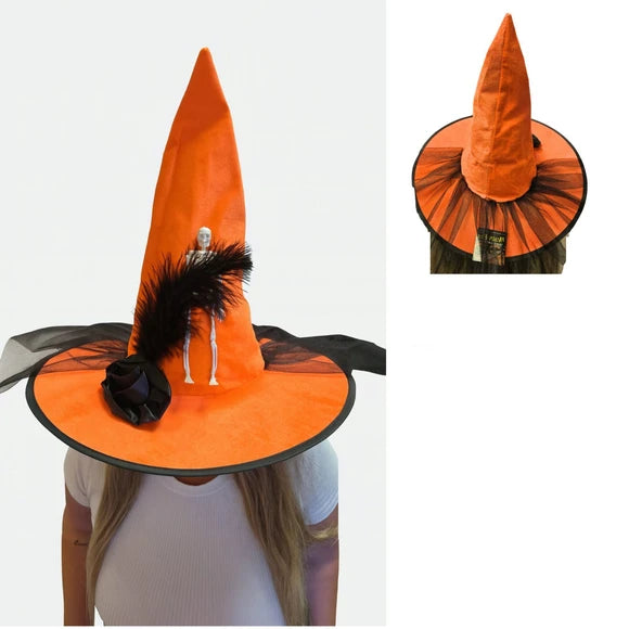 Orange Faux Velvet Witch Hat with Feather, Ribbon Flower, Skeleton, and Lace Accents