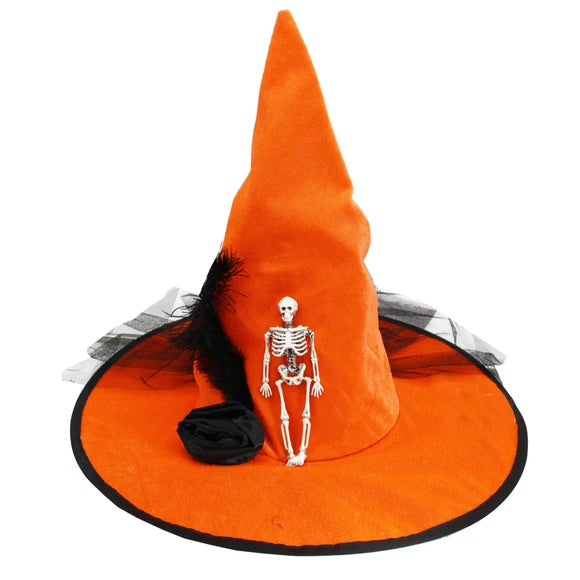Orange Faux Velvet Witch Hat with Feather, Ribbon Flower, Skeleton, and Lace Accents