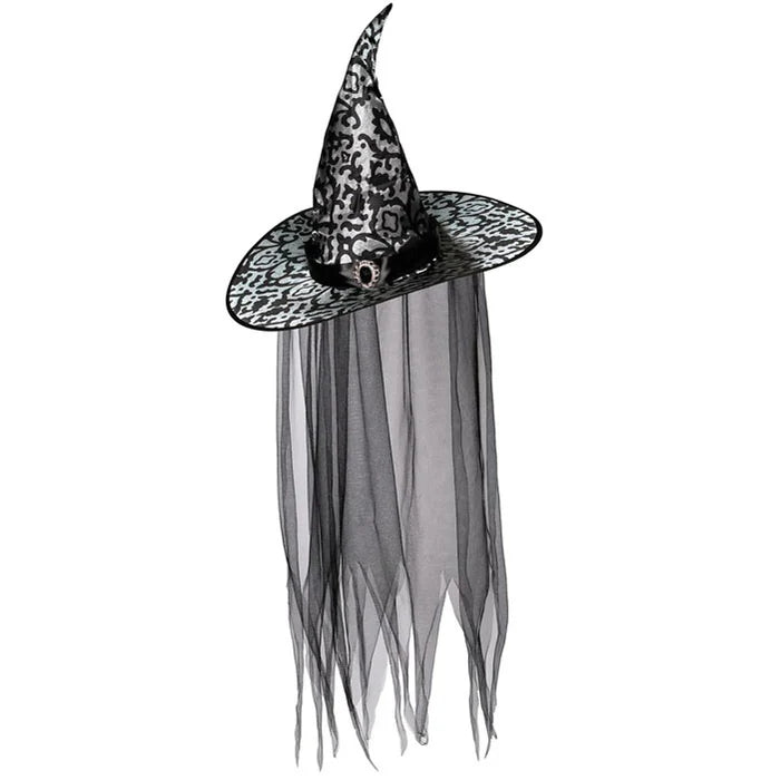 Bat Print Witch hat with Veil 17"