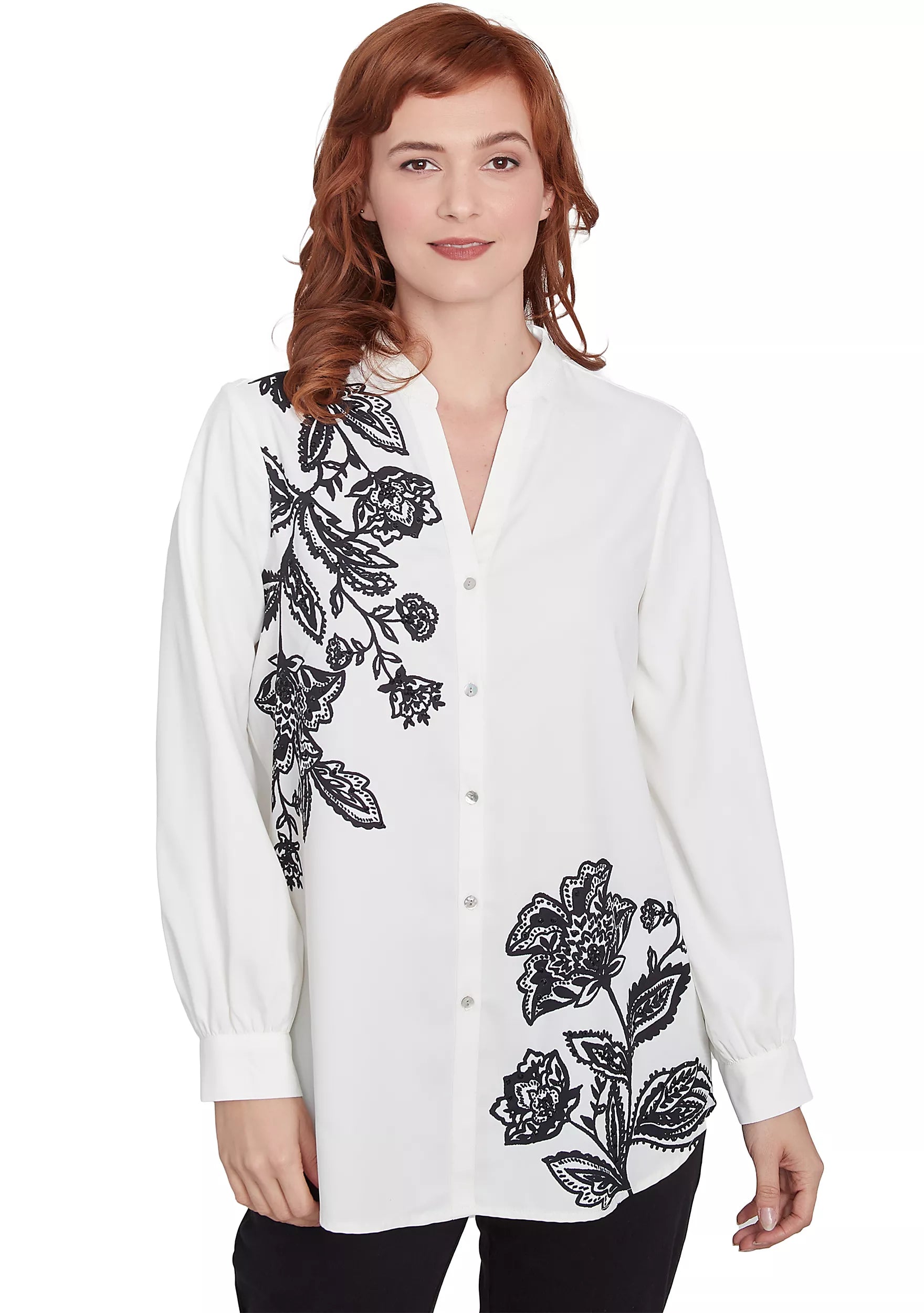 Mandarin Collar Button Front Embellished Floral Ivory/Black - Ruby Rd