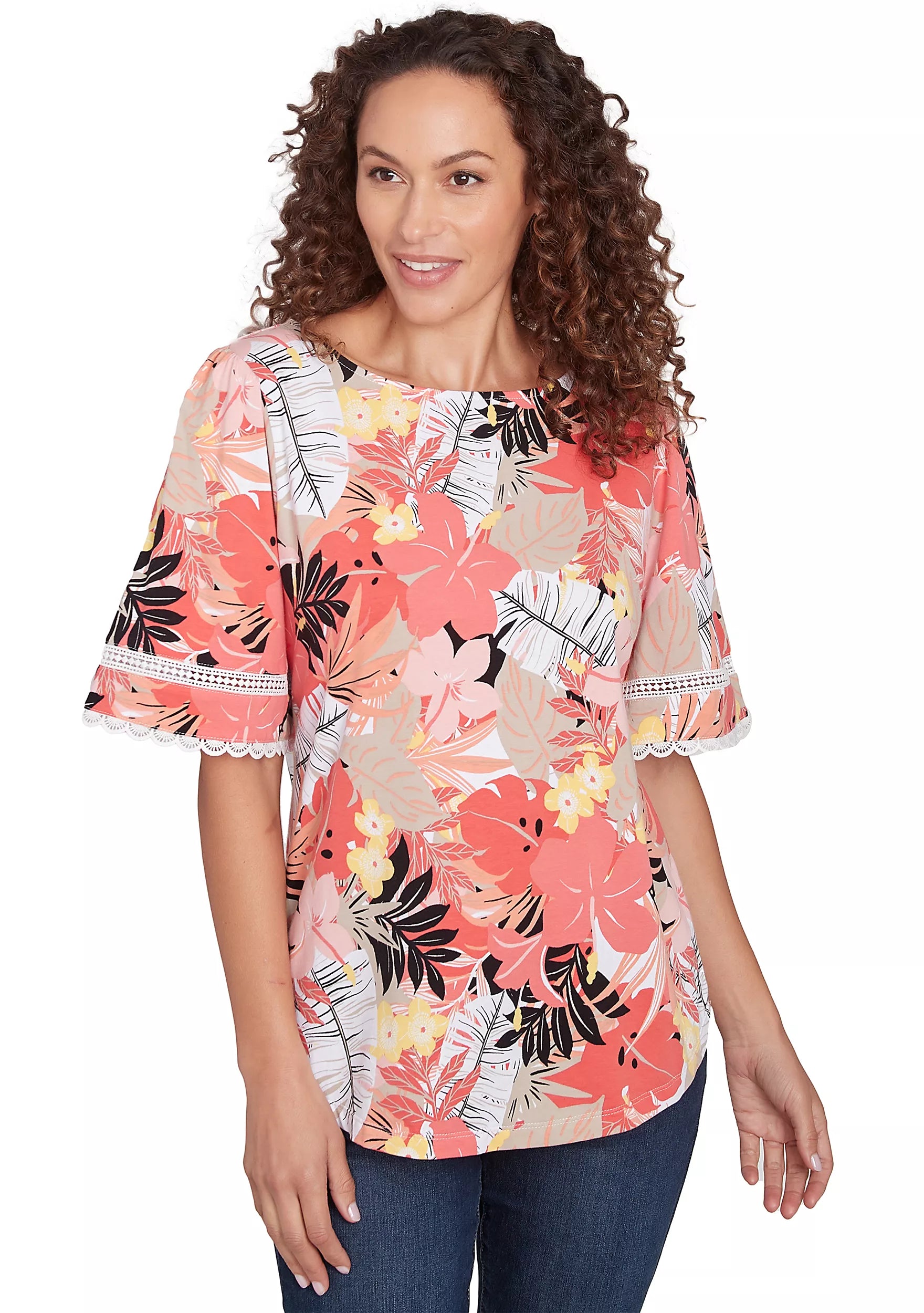 Knit Tropical Paradise Print Crew Neck Short Sleeve Top Grapefruit Multi- Ruby Rd