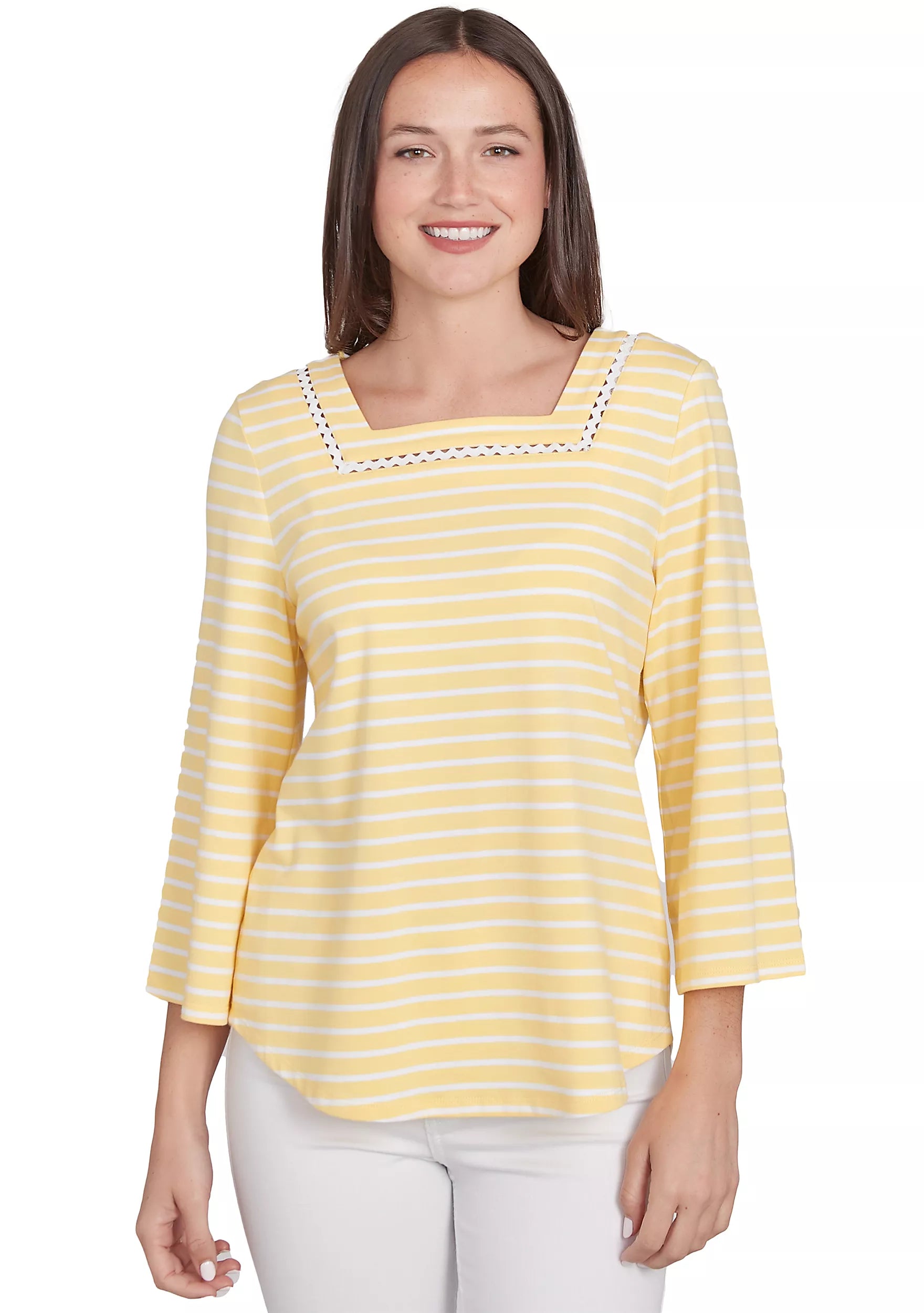 Knit Stripe Trim Square Neck 3/4 Bell Sleeve Top in Chattanooga Lemon Multi - Ruby Rd
