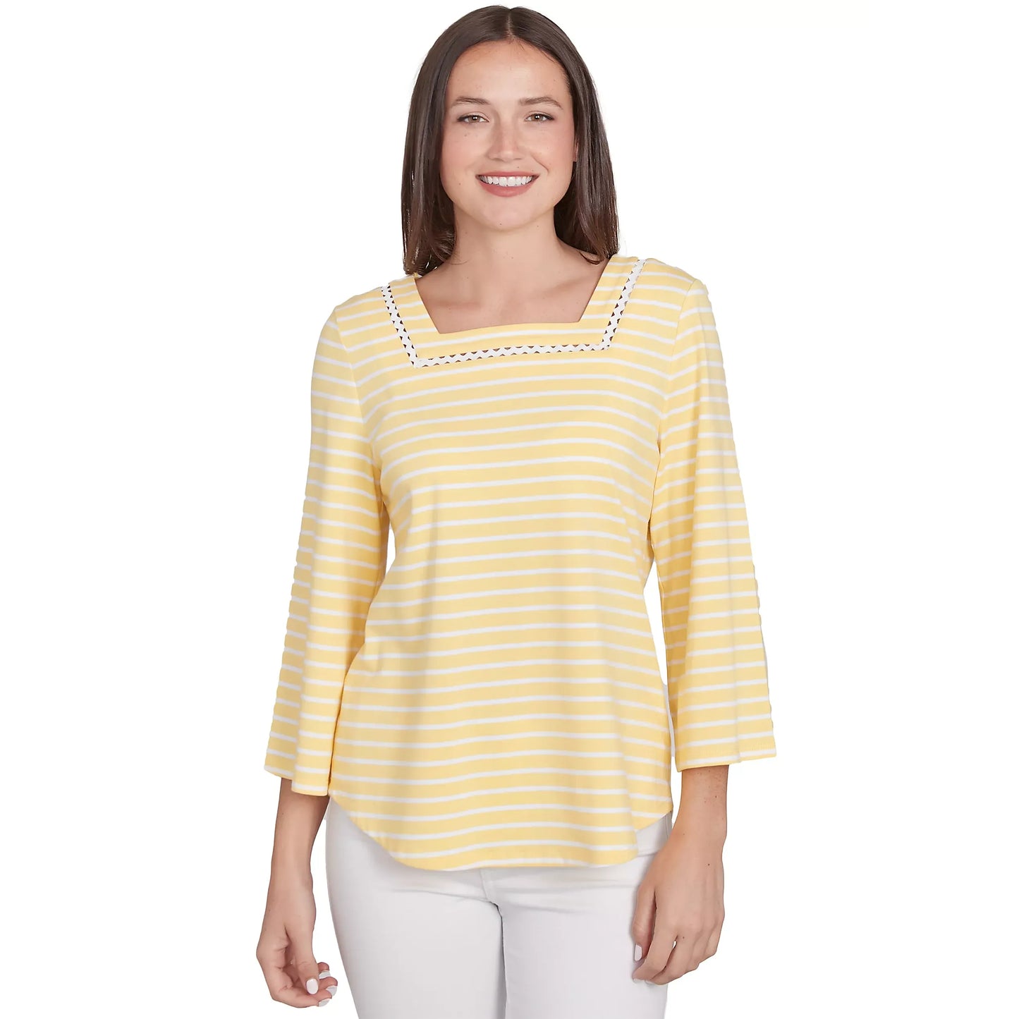 Knit Stripe Trim Square Neck 3/4 Bell Sleeve Top in Chattanooga Lemon Multi - Ruby Rd