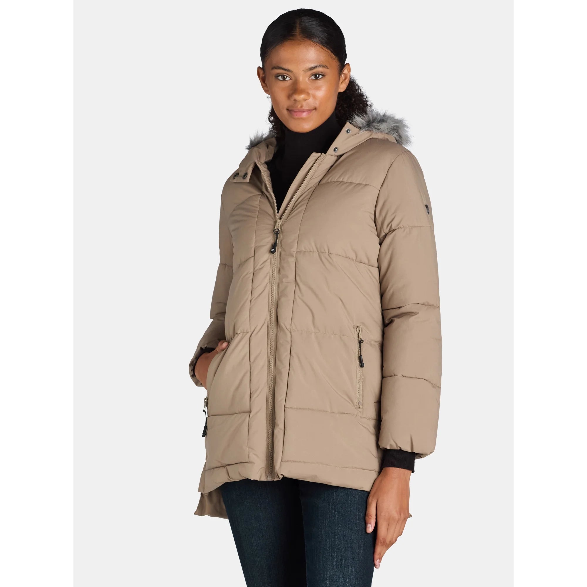 Timber Wolf Wide Quilted Puffer Coat with Faux Fur Trim Hood Grey