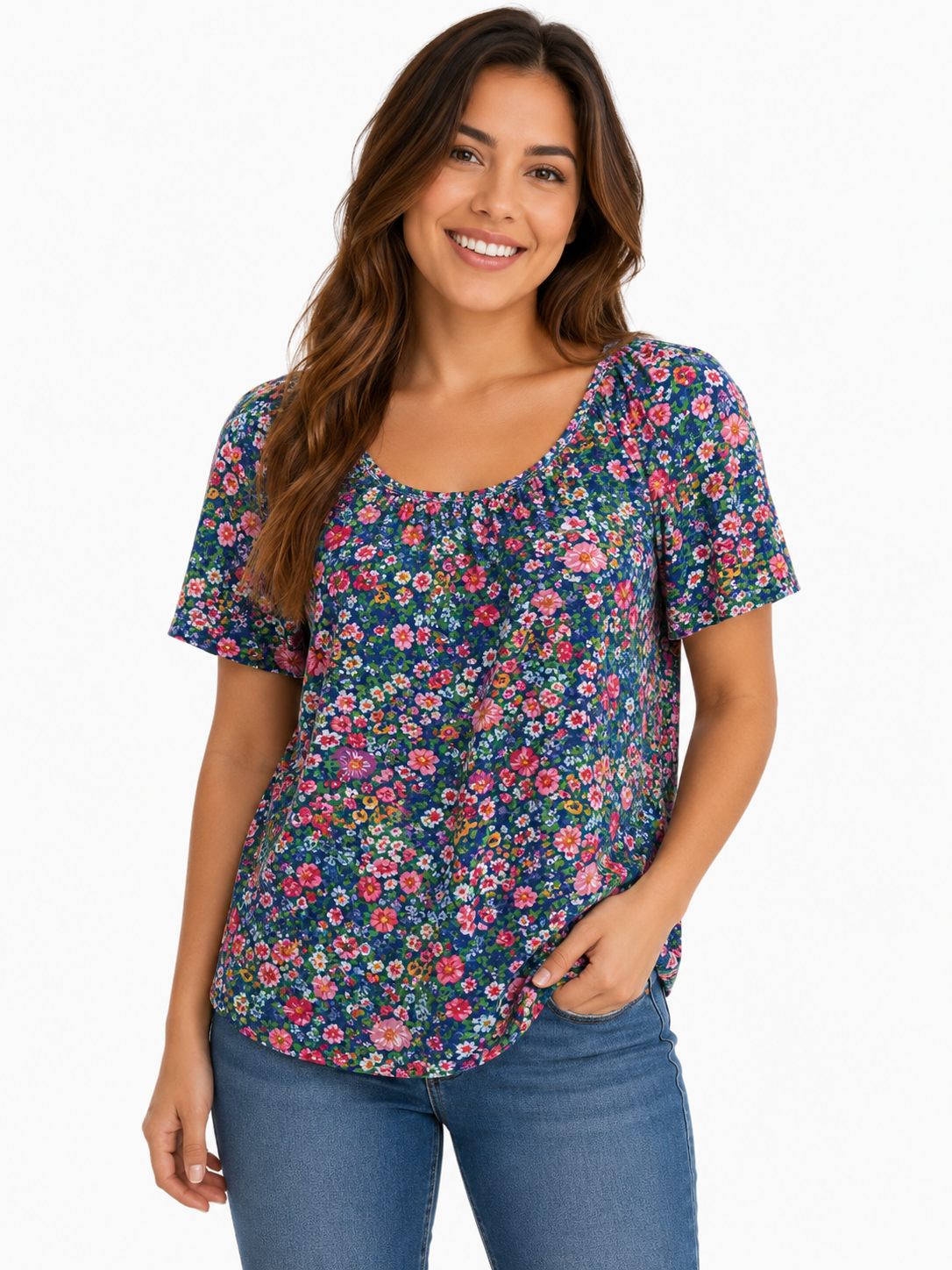 Ladies Print Tops Olive Flowers