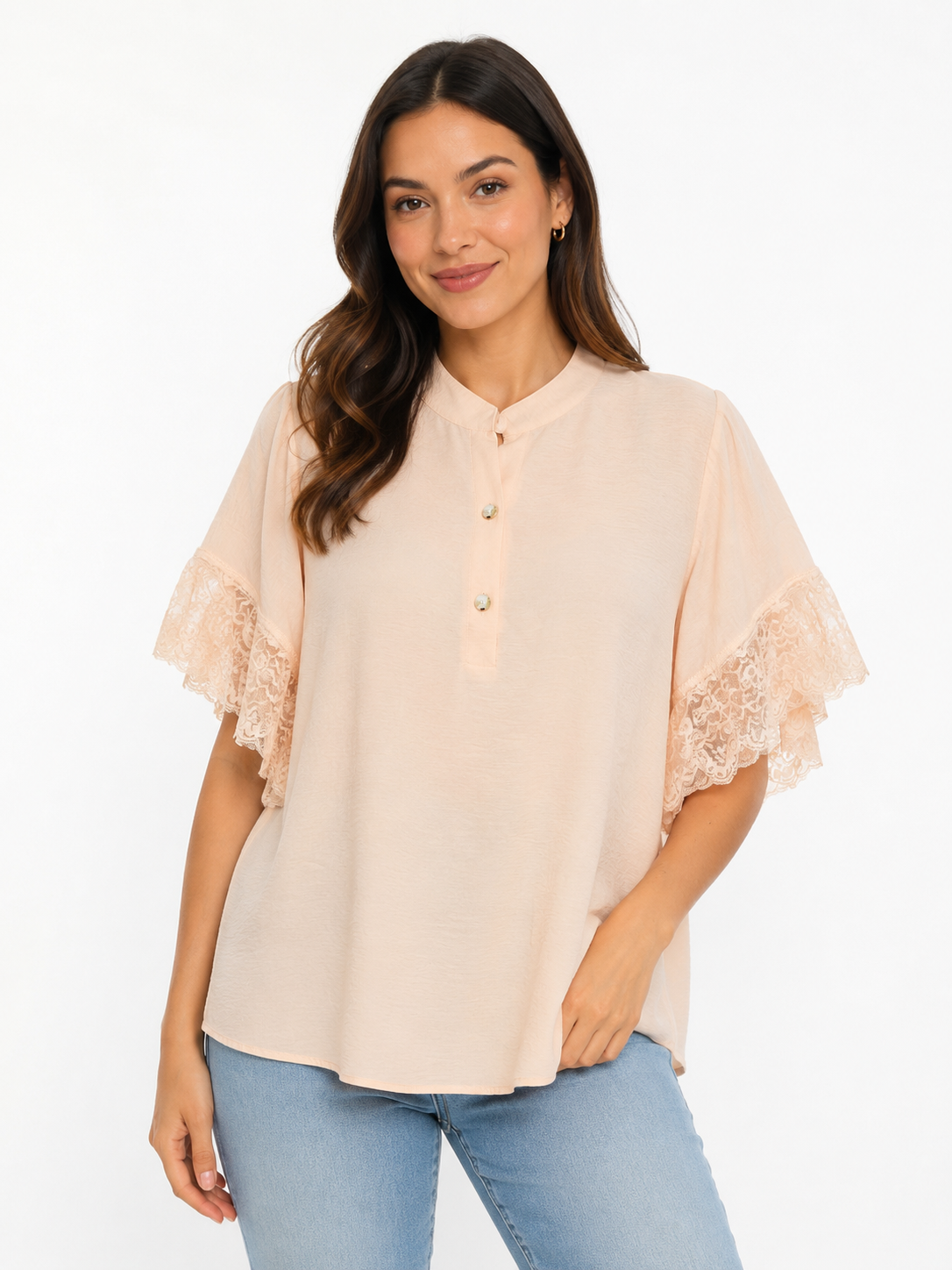 Ladies Air Flow Dress, 2 Button Henley, Crochet Sleeve Beige - Liz & Lilli