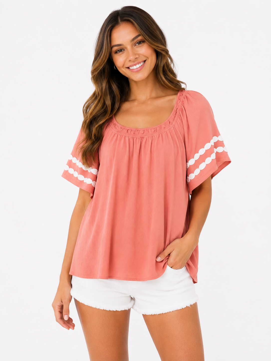 Blouse Square Neck Circle Trim Coral