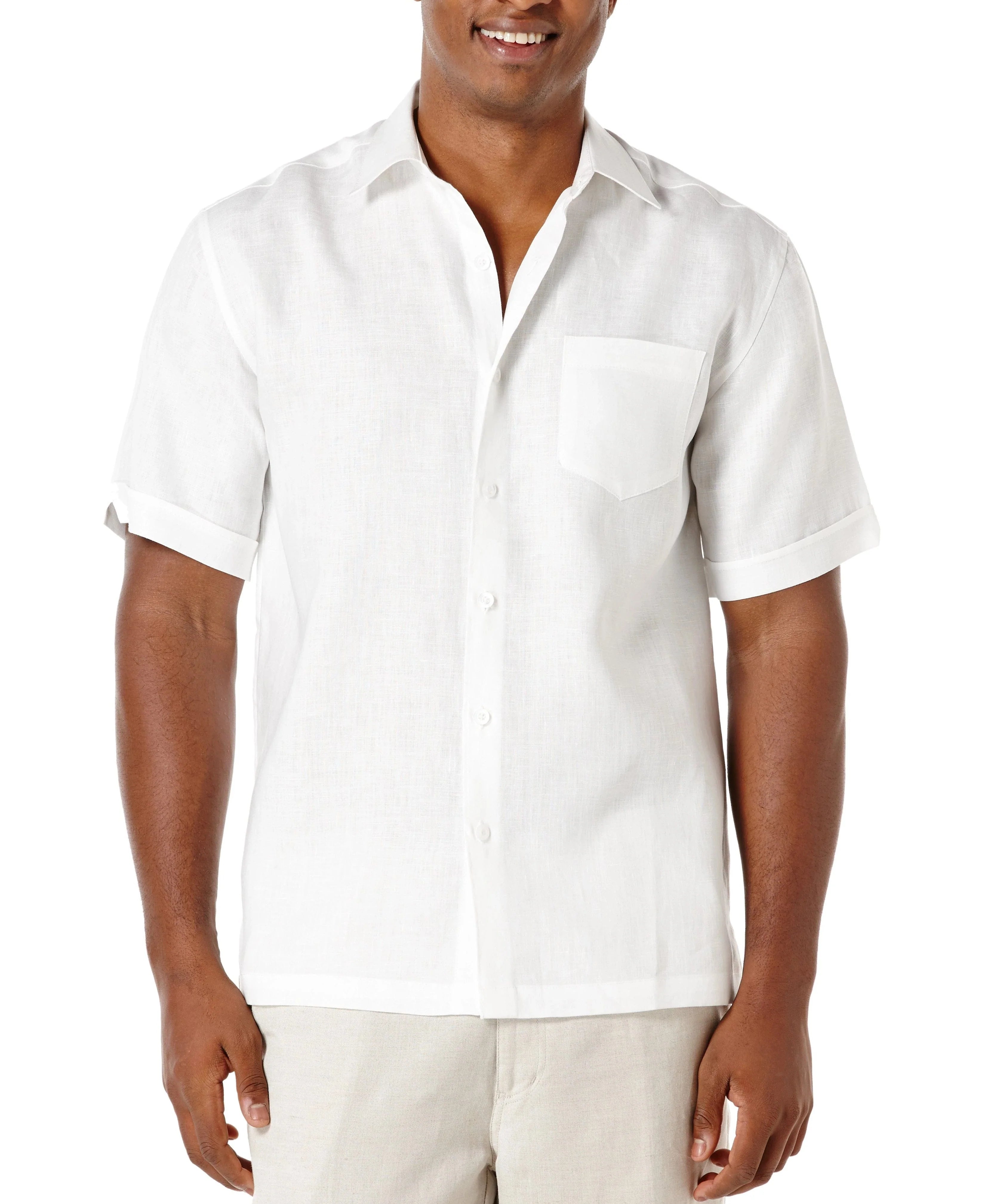 Men's White Linen Short Sleeve Solid Color Shirts