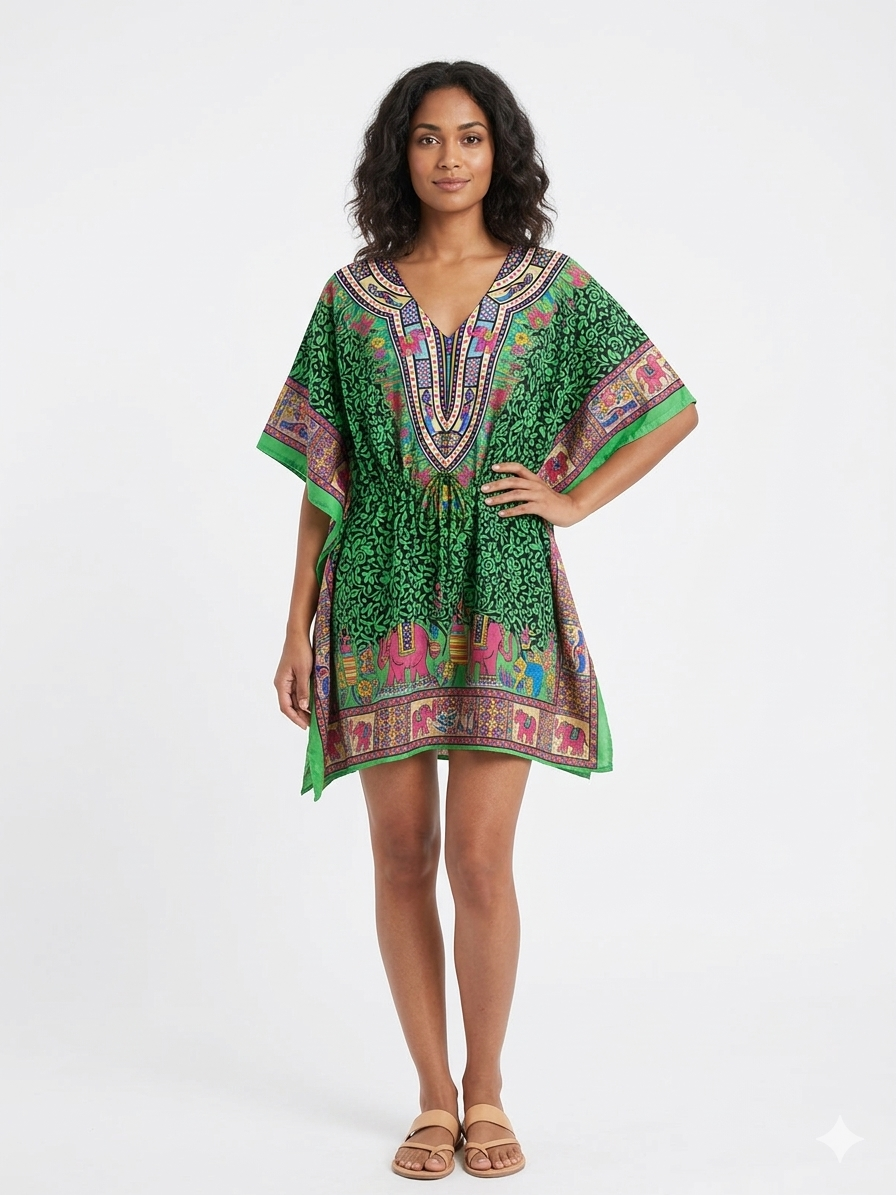 Short Kaftan Printed Green Elephant