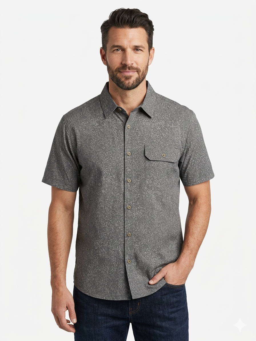 Sleeve Full Button UV Shirt w / Aop Iron vines