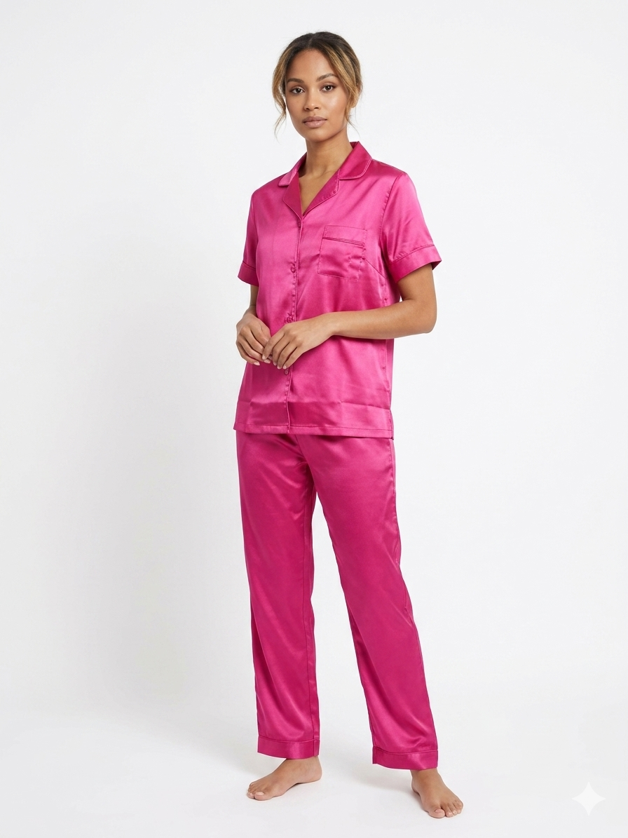 Ladies 2pc Notch Top / Long Pants Set Fuchsia