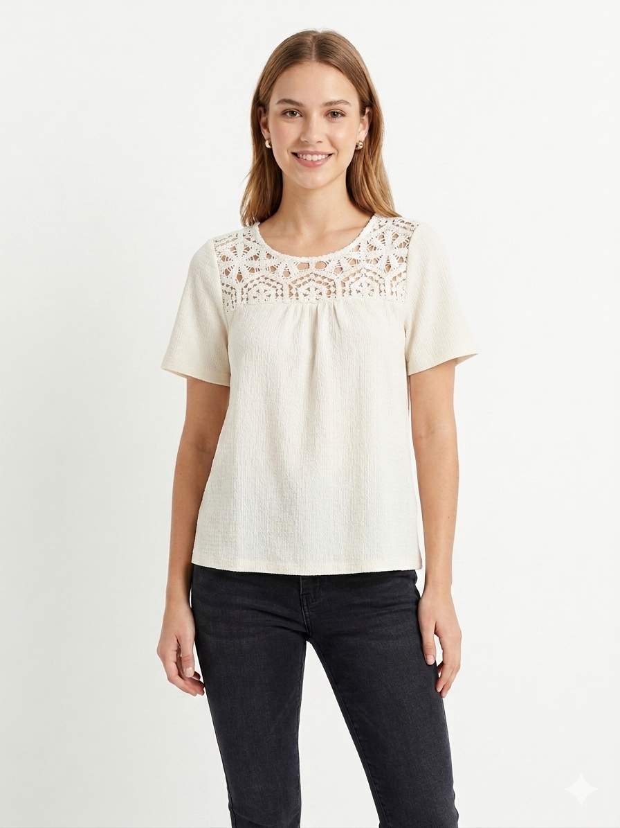 Short Bell Sleeve Crochet Sugar Swizzle Ivory