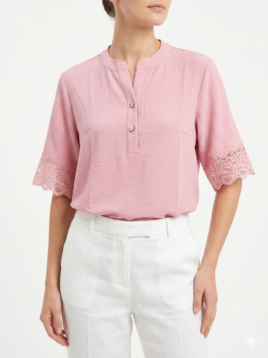 Vestido Air Flow para Damas, Henley de 2 Botones, Manga de Ganchillo Rosa - Liz & Lilli