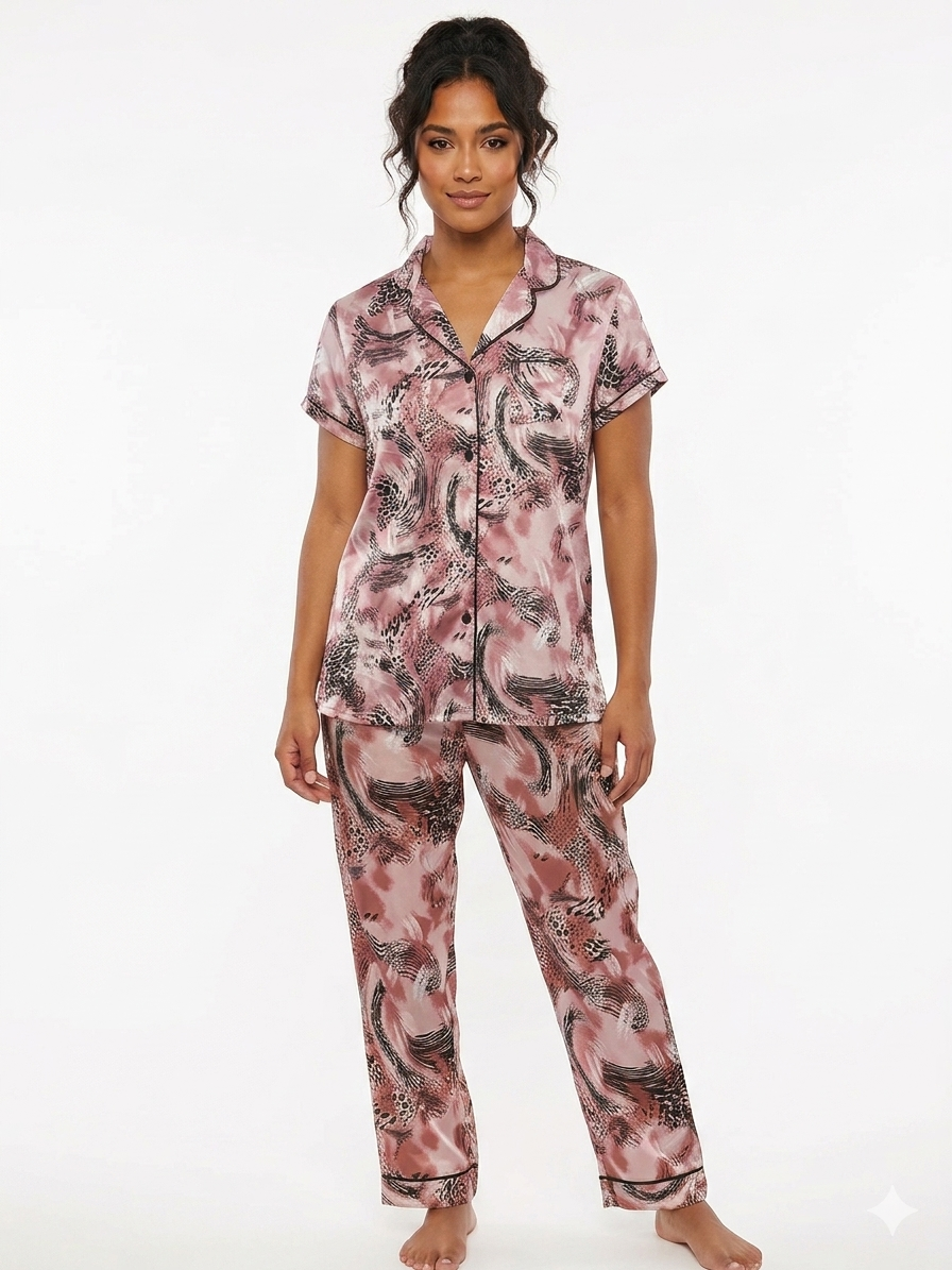 Ladies 2pc Aop Satin Notch Collar Top / Pant Set , Animal Pink