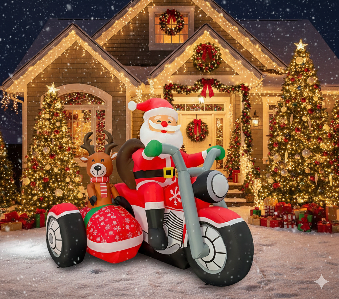 6.4FT Long Inflatable Santa Claus on a Motorcycle with Reindeer