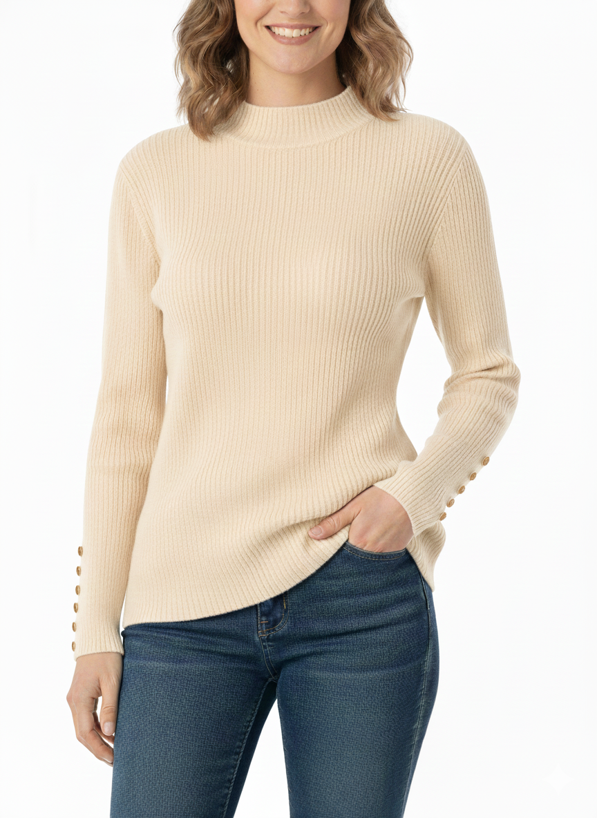 Ladies Solid Sweater Turtle Neck with Buttons Cream - Liz & Lilli