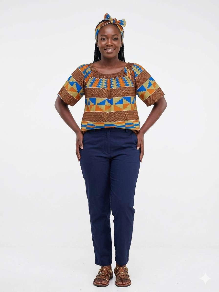 Camisa Dama Chocolate con franjas Naranja-Azul-Beige (Etnia Negra)