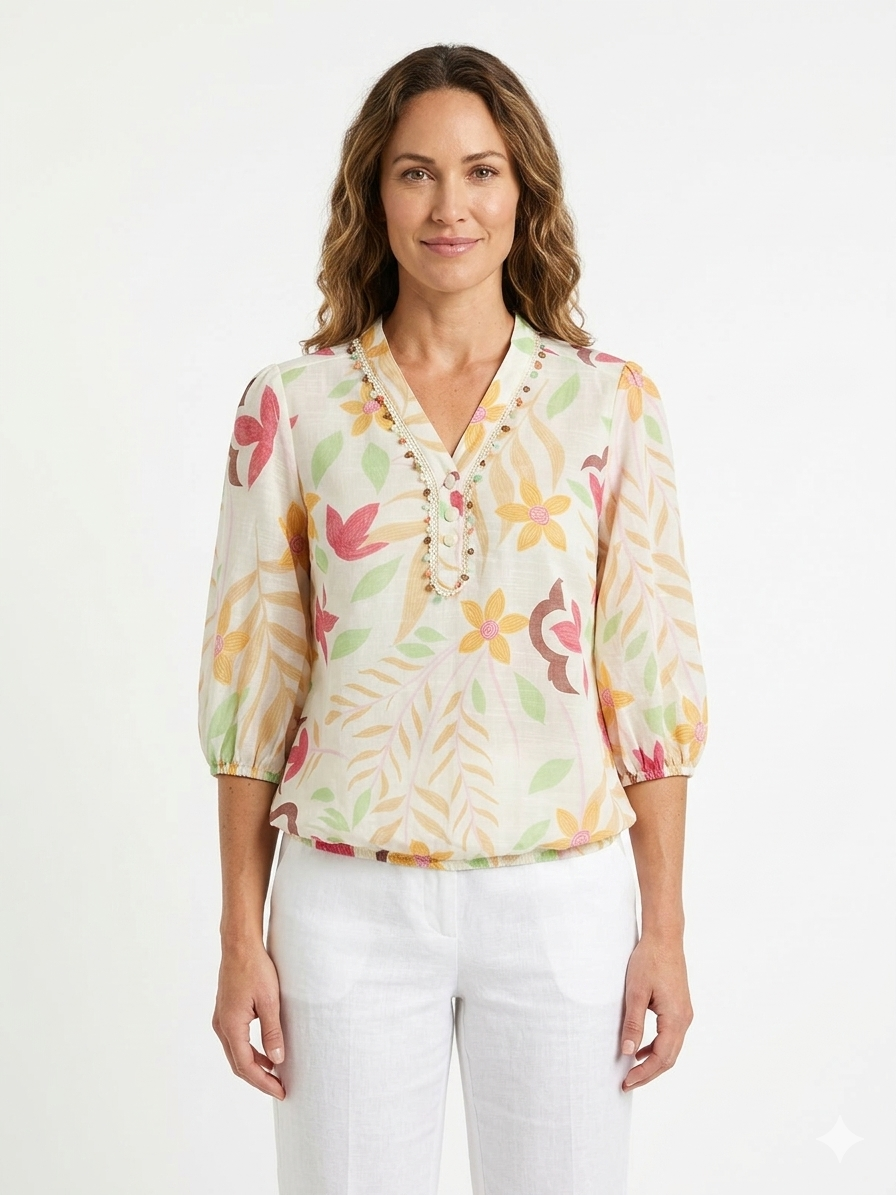 Crochet Trim Henley Pink Multi