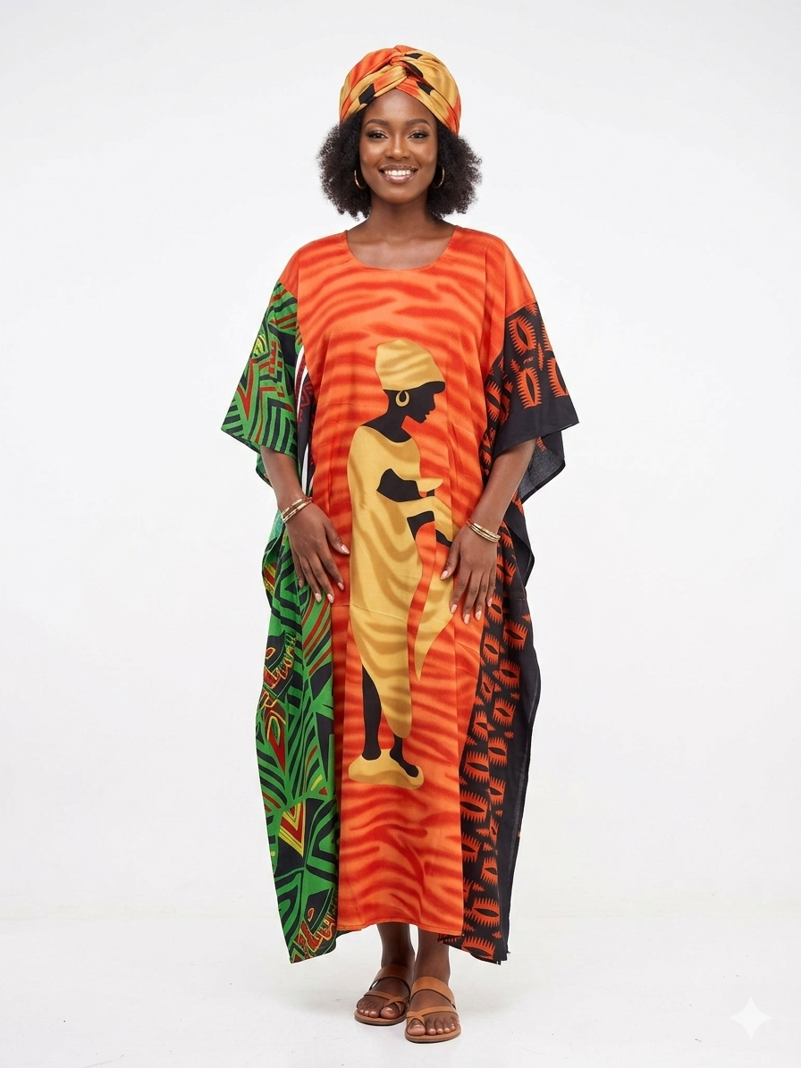 Kaftan Long Orange Print - Etnia Negra