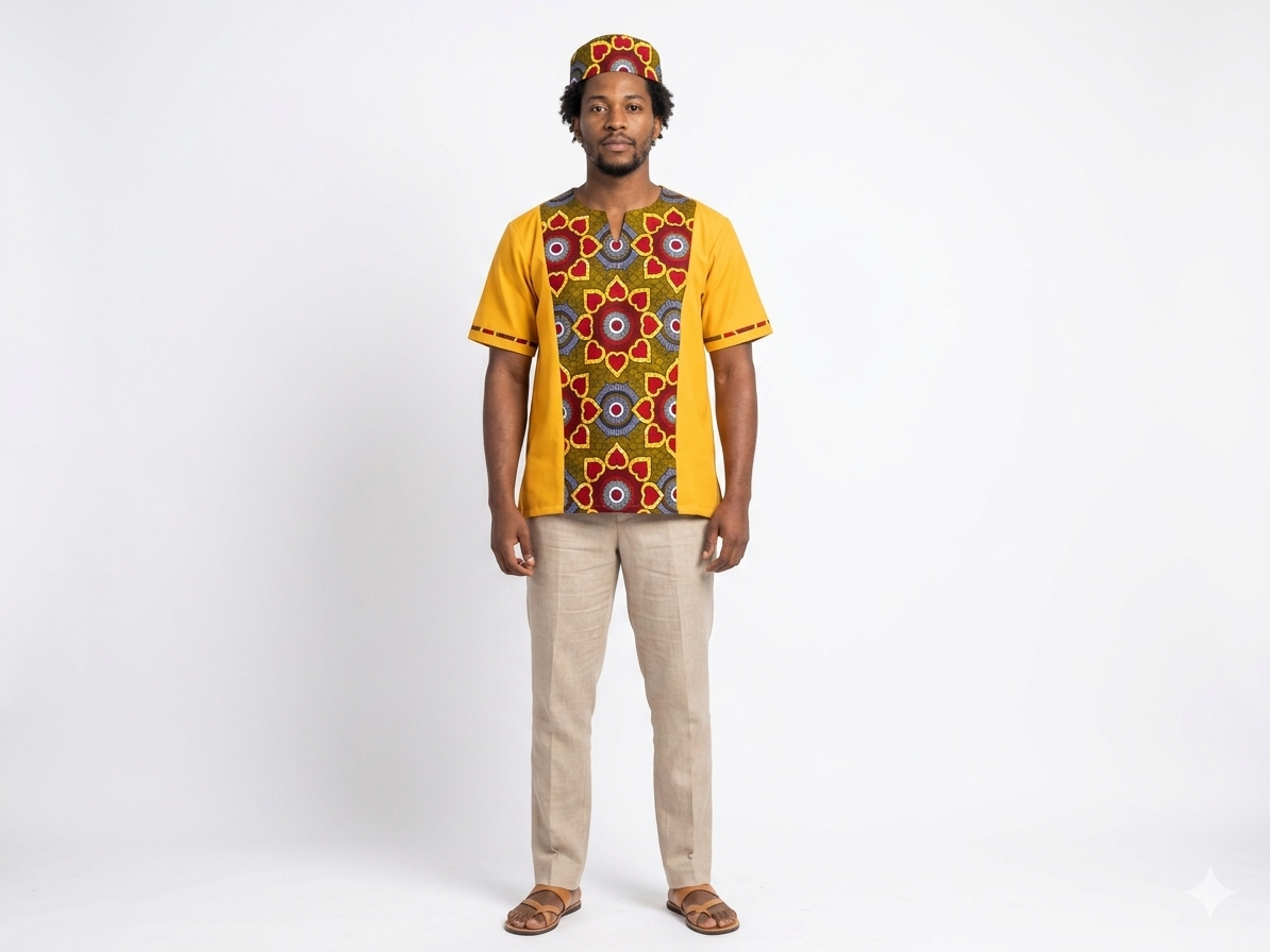 Camisa y Kufi Caballero Amarillo-Estampado (Etnia Negra)