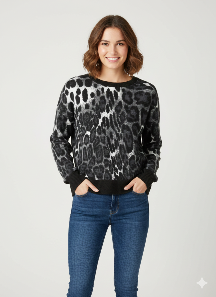 Ladies Top Crew Neck Sweater Black Leopard - Liz & Lilli