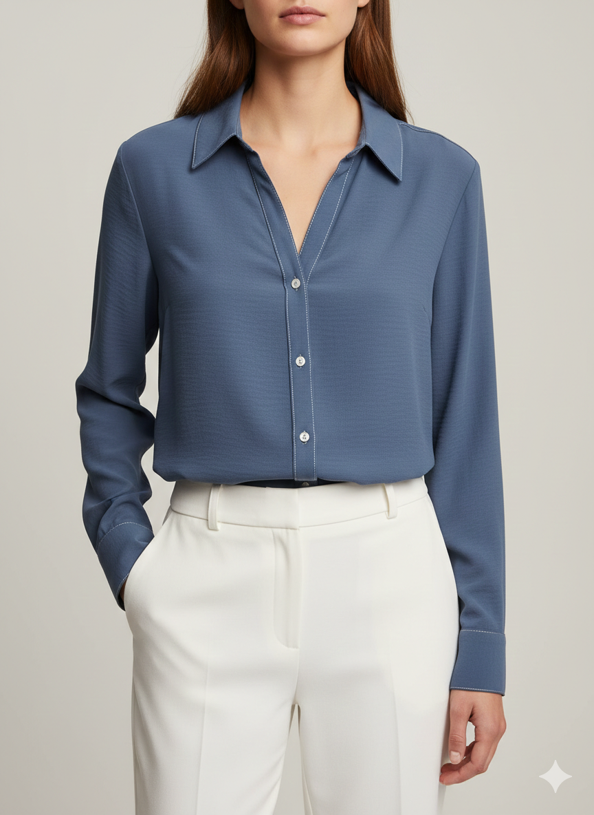 Blouse Contrast Stitch Indigo/White - Ninety