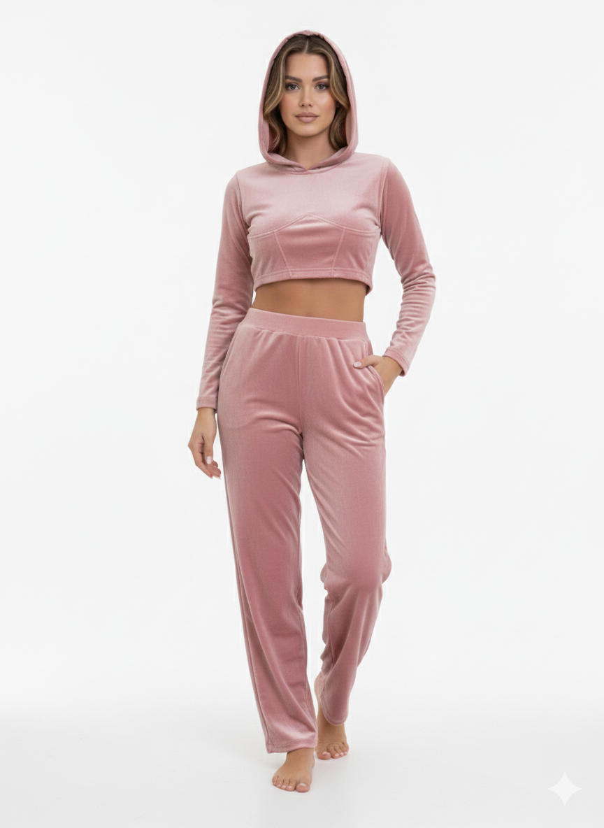Ladies Velour Hoodie Top with Pant Set 2 Pink - Liz & Lilli