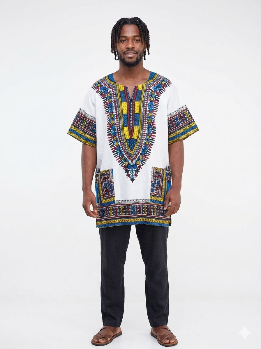 Men Cotton Dashiki White-Etnia Negra