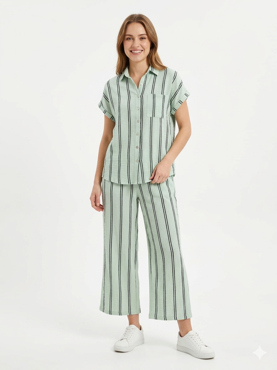 Ladies Air Flow Fashion Top with Pant Set 2 Light Green Print - Liz & Lilli