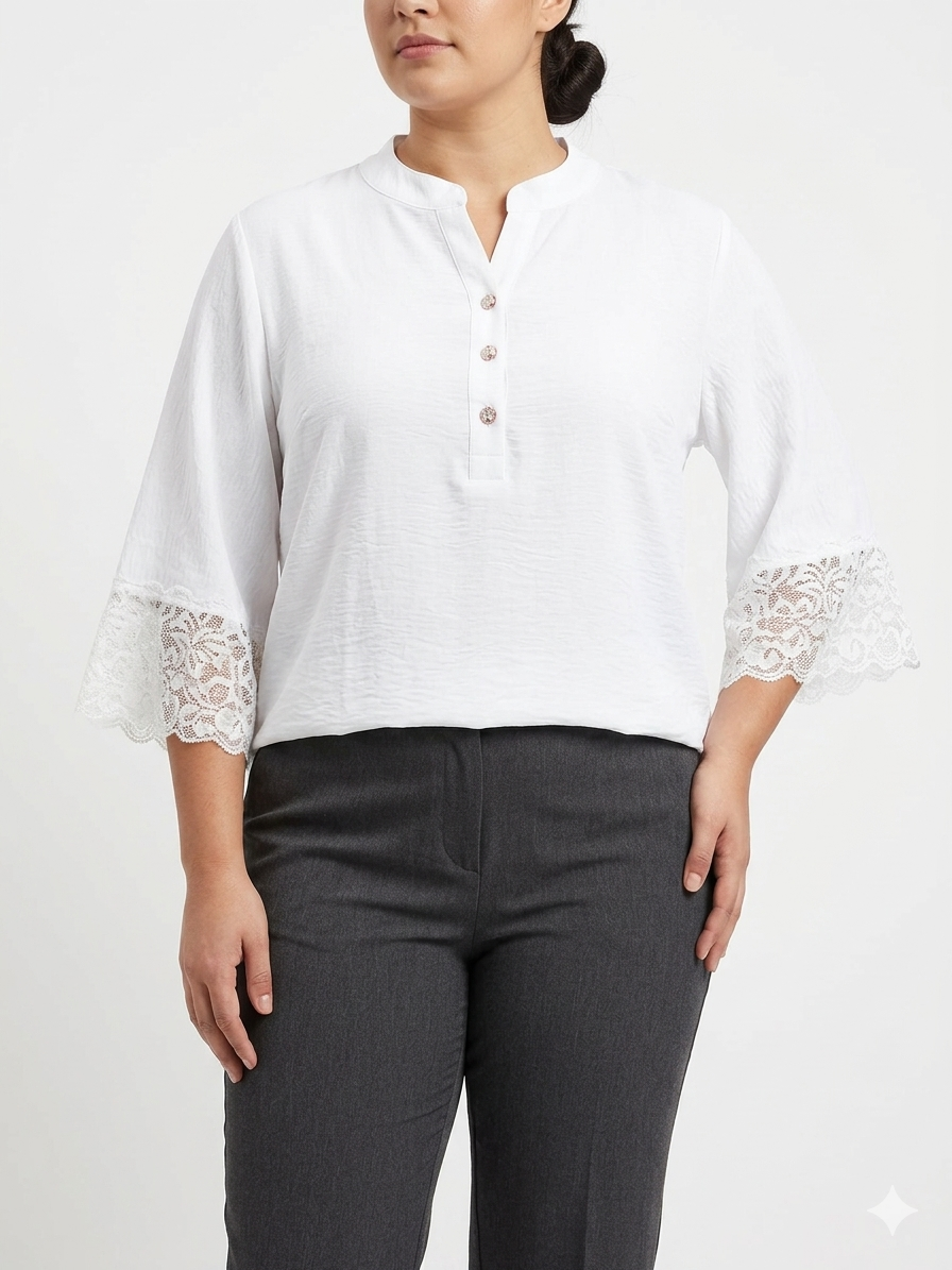 Ladies Air Flow Dress, 2 Button Henley, Crochet Sleeve White- Liz & Lilli
