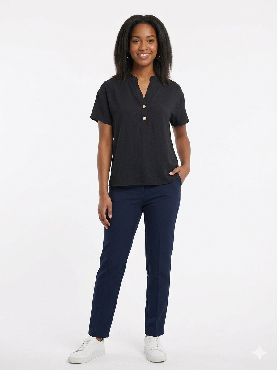 Ladies Air Flow Top, 2 Button Henley Black- Liz & Lilli