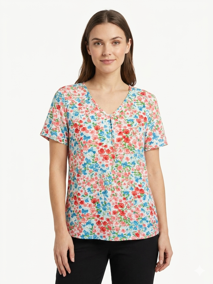 Ladies Print Top White-Red-Light Blue with Flowers
