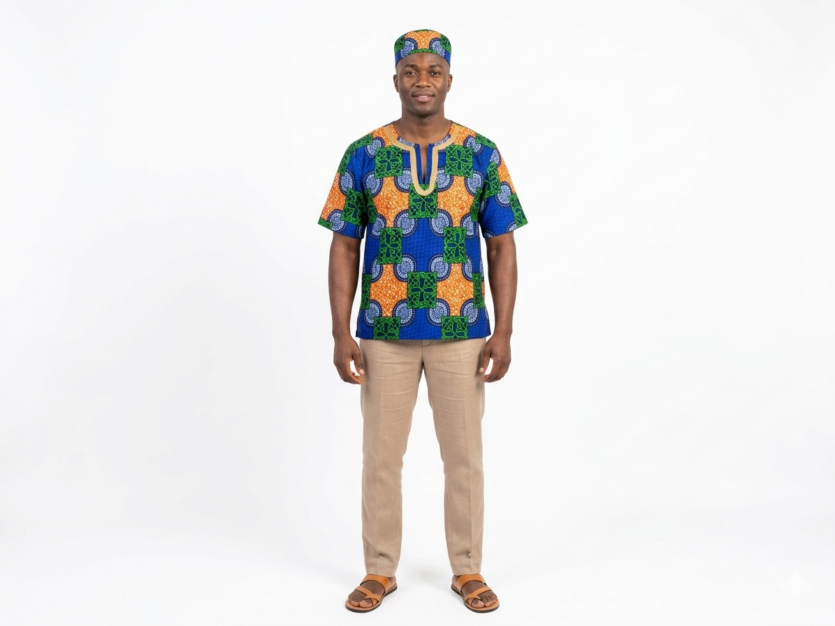Camisa y Kufi Caballero Morado-Verde-Naranja (Etnia Negra)