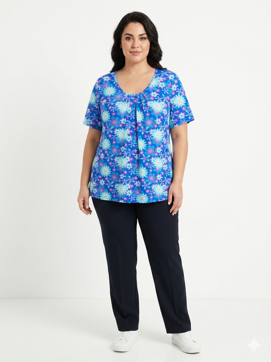 Ladies Plus Size Top Blue Flowers