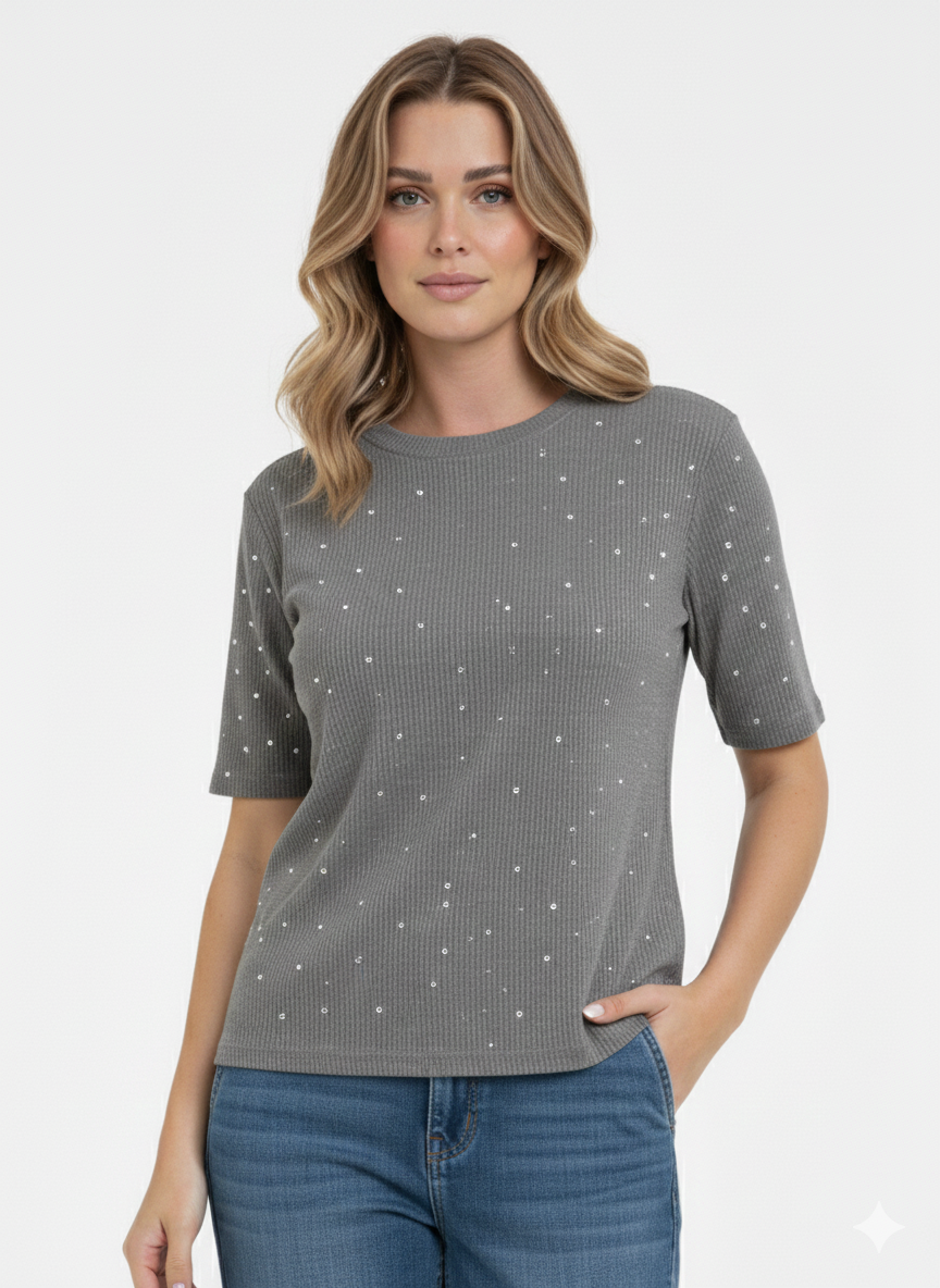 Ladies Top Crew Neck Grey and pearls - Liz & Lilli