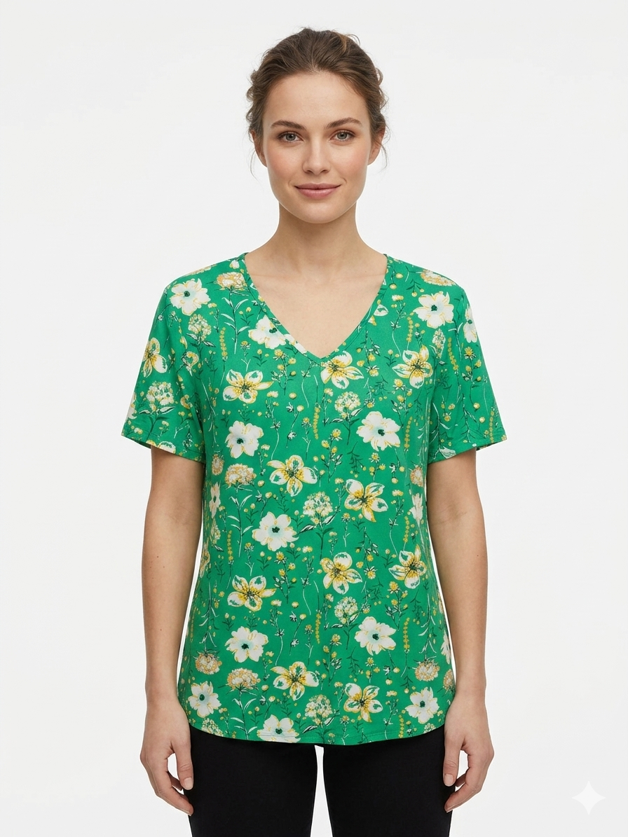 Ladies Print Top Green with Flowers