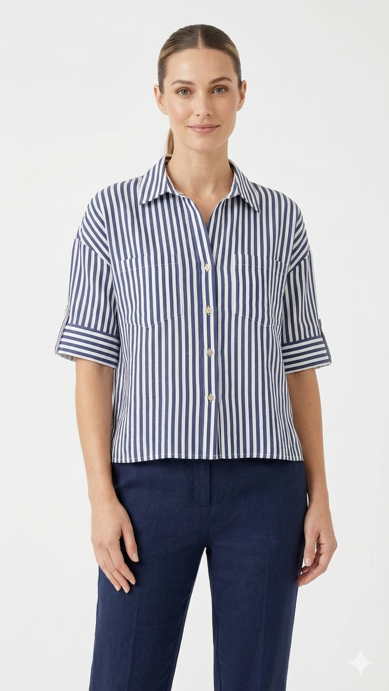 Blouse Linen Rayon Navy White