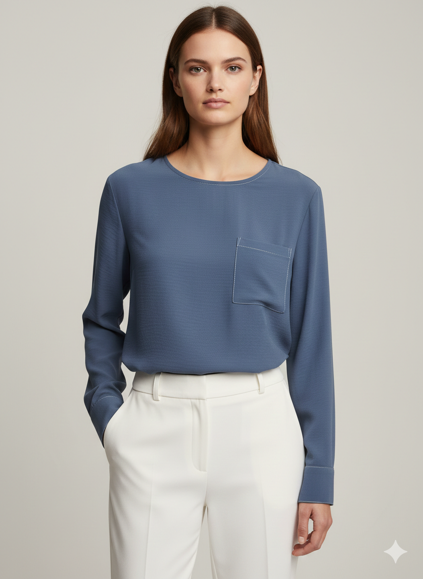 Blouse Contrast Stitch Indigo/White - Ninety
